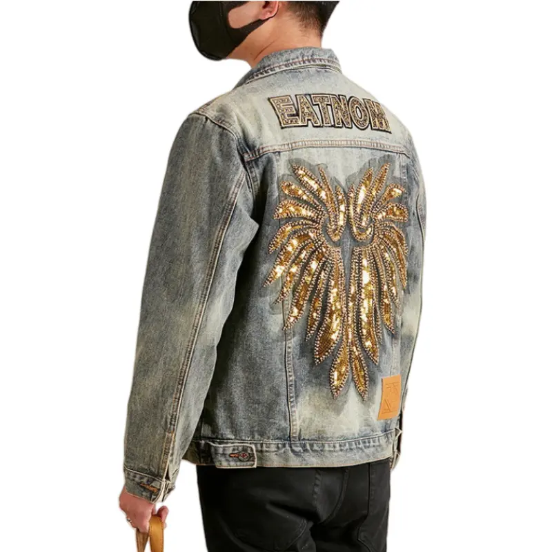 ABOORUN Men Retro Denim Jackets Gold Embroidery Coats Streetwear for Male