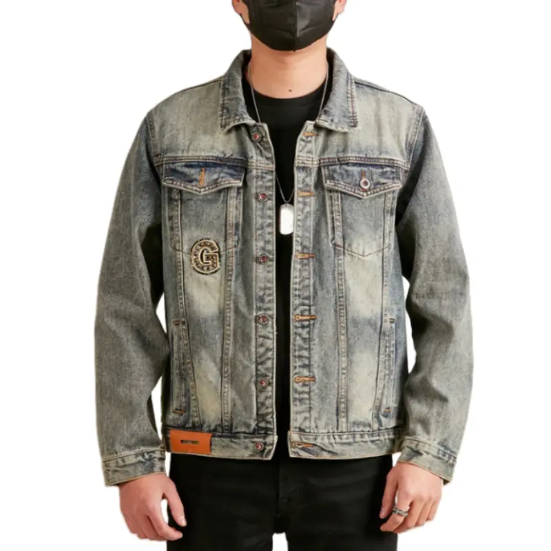 ABOORUN Men Retro Denim Jackets Gold Embroidery Coats Streetwear for Male