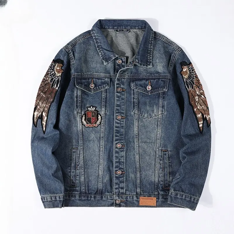 ABOORUN Men Retro Denim Jackets Gold Embroidery Coats Streetwear for Male
