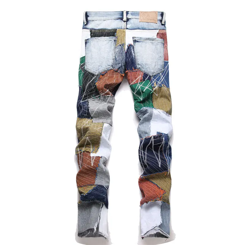 ABOORUN Men's Fashion Jeans Colorful Patches Straight fit Denim Pants for Male
