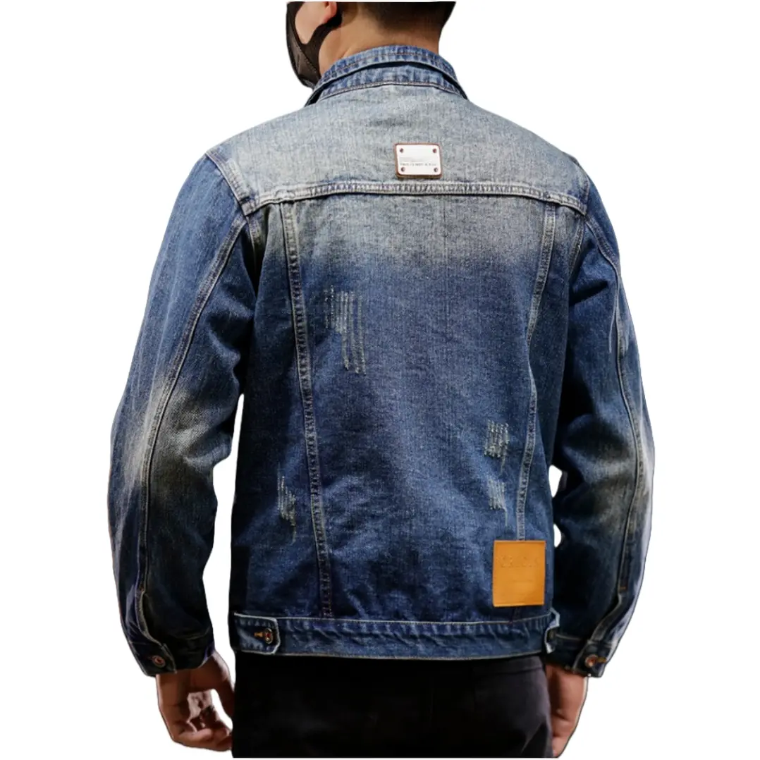 ABOORUN Men Retro Denim Jackets Embroidery Patchwork Coats Streetwear for Male