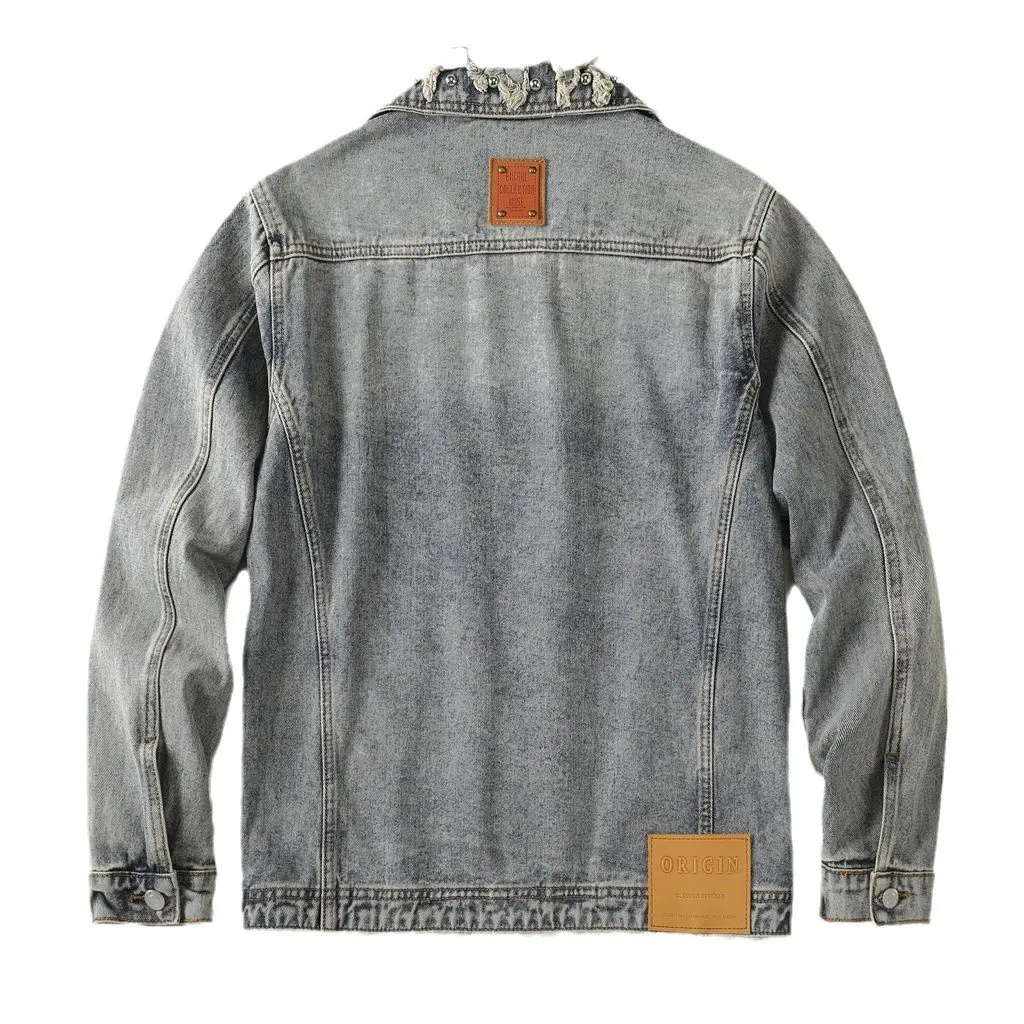 ABOORUN Men's Punk Rivets Denim Jackets Streetwear Patchwork Ripped Coats for Male