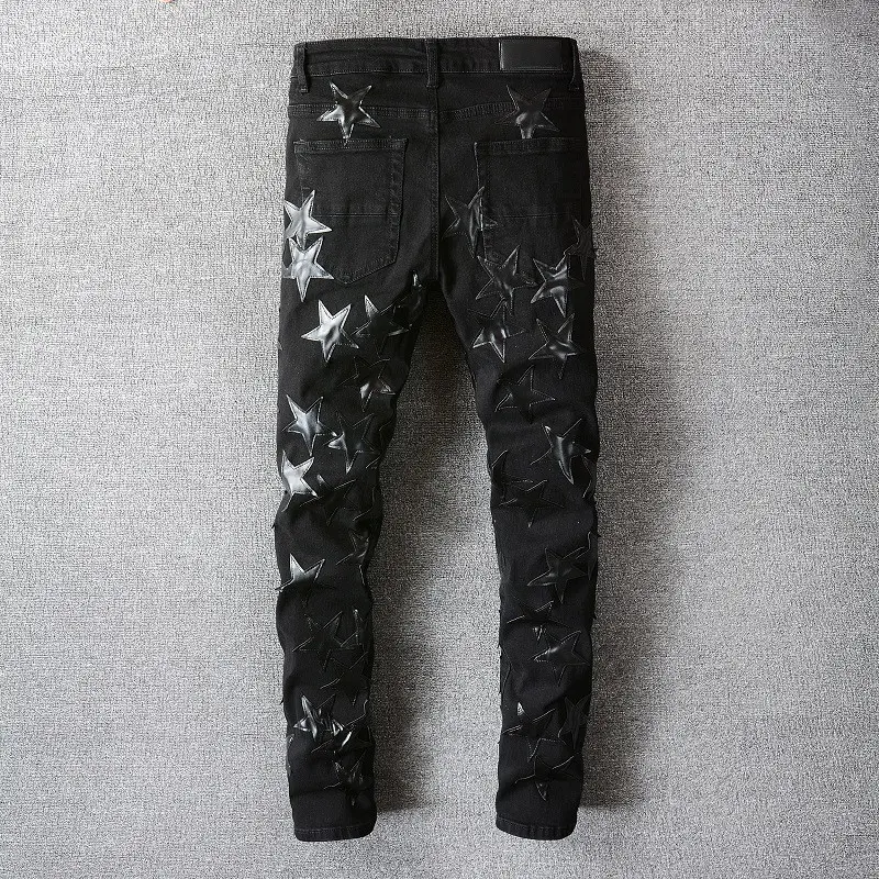 ABOORUN Men's Black Ripped Hole Jeans PU Leather Stars Patchwork Stretch Slim fit Denim Pants Streetwear for Male
