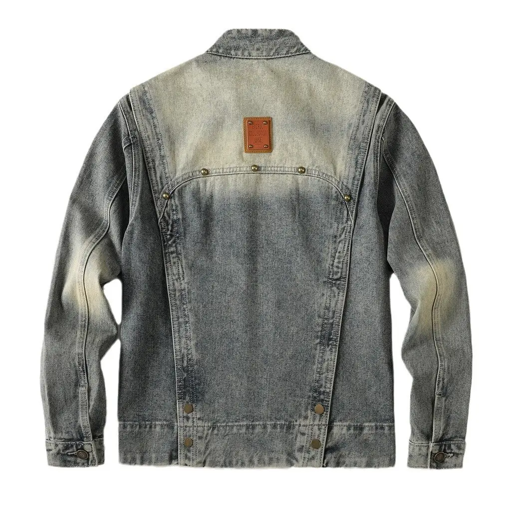ABOORUN Men's Punk Rivets Denim Jackets Patchwork Motorcycle Slim fit Coats for Male
