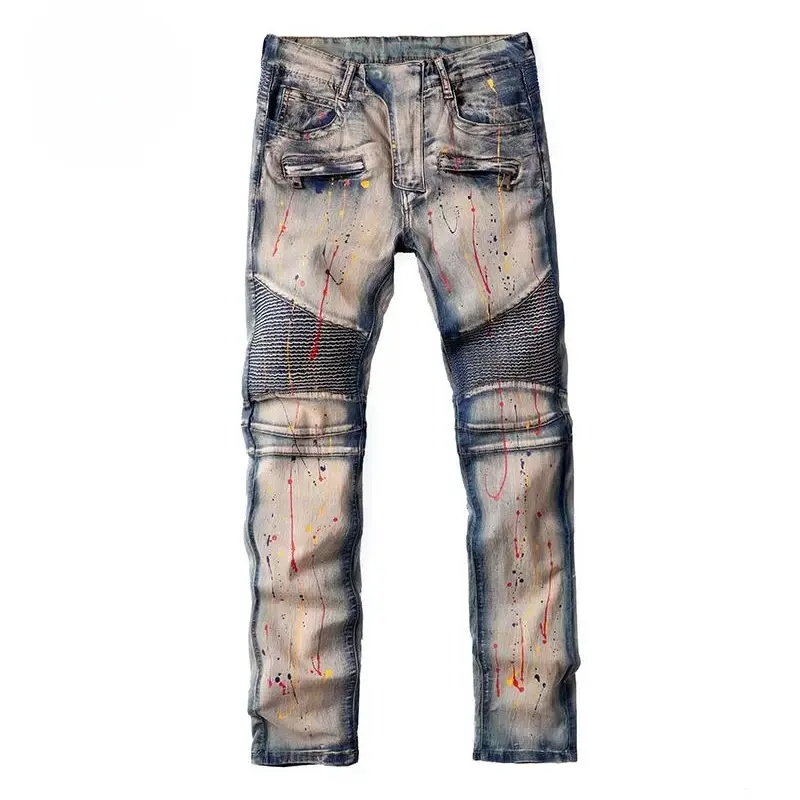 ABOORUN Men's Fashion Biker Jeans High Quality Motorcycle Denim Pants Plus Size 44 for Male