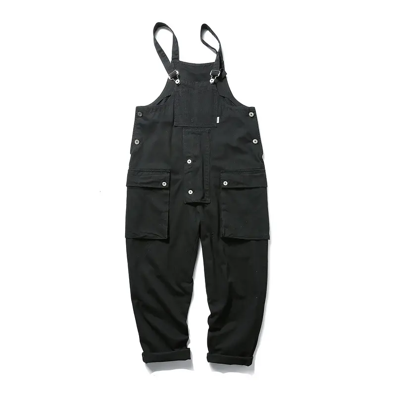 ABOORUN Men's Harajuku Bib Overalls Big Pockets Casual Rompers Jumpsuits Black Army Suspender Flared Straight fit Pants for Male