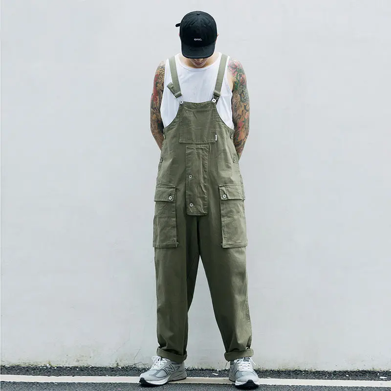 ABOORUN Men's Harajuku Bib Overalls Big Pockets Casual Rompers Jumpsuits Black Army Suspender Flared Straight fit Pants for Male