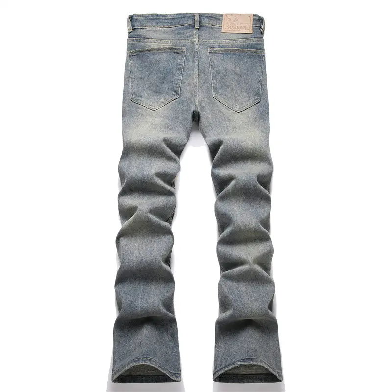 ABOORUN Men's Punk Rivets Jeans Streetwear Patchwork Flared Denim Pants for Male