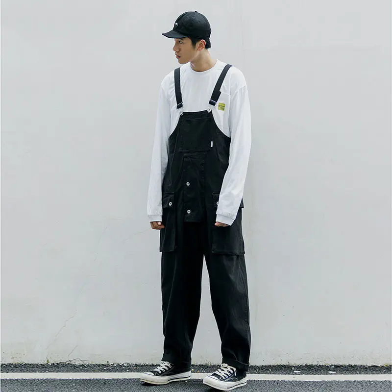 ABOORUN Men's Harajuku Bib Overalls Big Pockets Casual Rompers Jumpsuits Black Army Suspender Flared Straight fit Pants for Male