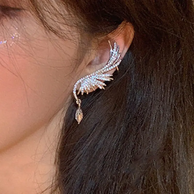 Punk Statement Ear Cuff Clip Earrings for Women Silver Color Crystal Wings Dangle Drop Earrings Wedding Party Trendy Jewelry