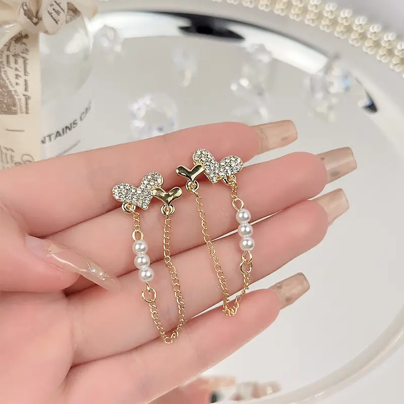 Golden Double Heart Drop Earrings for Women Single Chain Tassel Long Dangle Earrings Party Imitation Pearl Rhinestones Jewelry