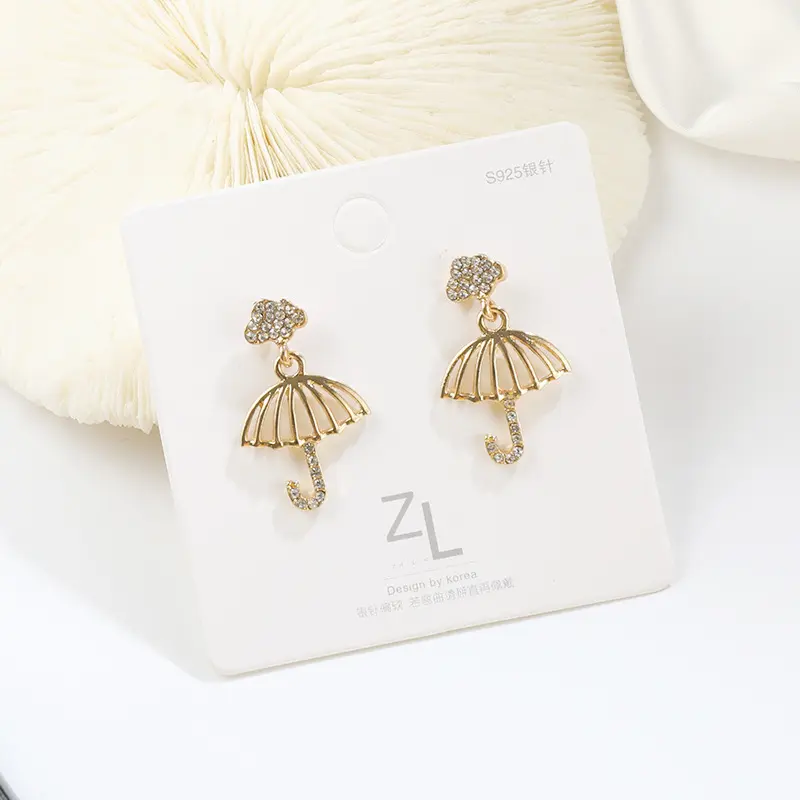 Cute Crystal Umbrella Drop Earrings for Women Trendy Golden Color Metal Hollow Out Charms Dangle Earrings Party Sweet Jewelry