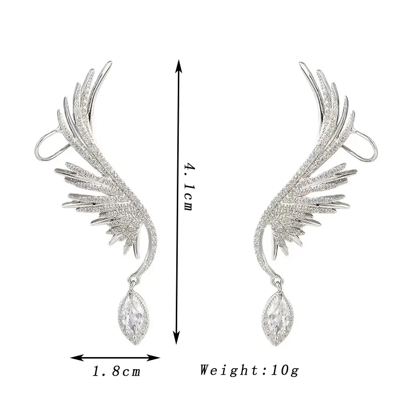 Punk Statement Ear Cuff Clip Earrings for Women Silver Color Crystal Wings Dangle Drop Earrings Wedding Party Trendy Jewelry