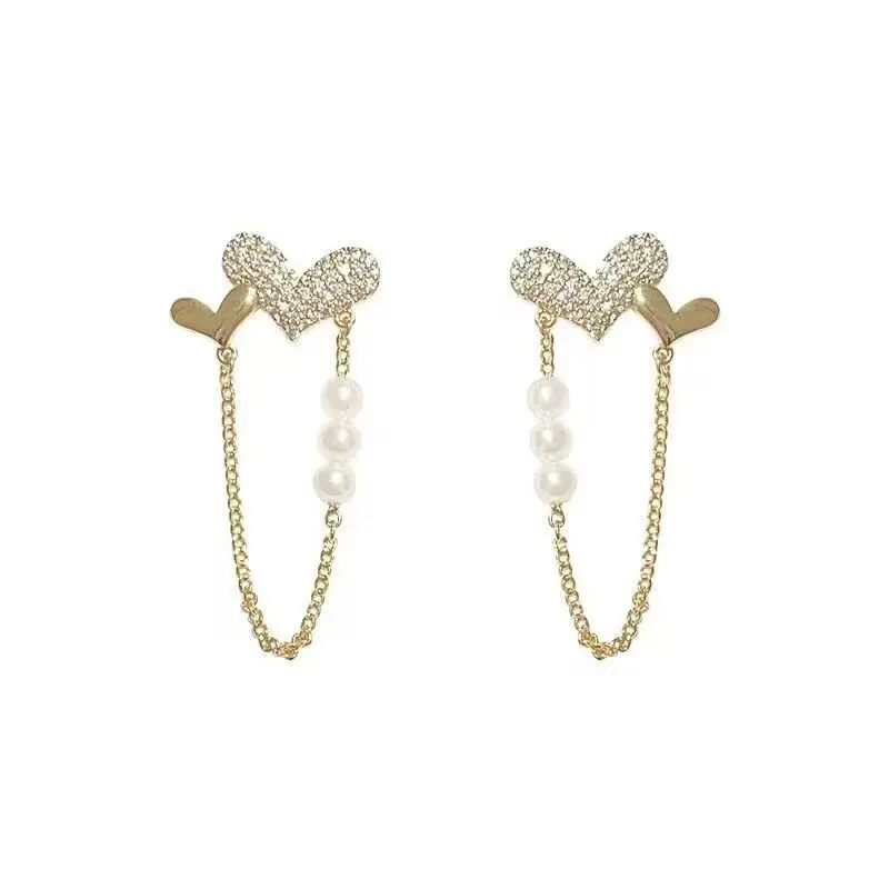 Golden Double Heart Drop Earrings for Women Single Chain Tassel Long Dangle Earrings Party Imitation Pearl Rhinestones Jewelry