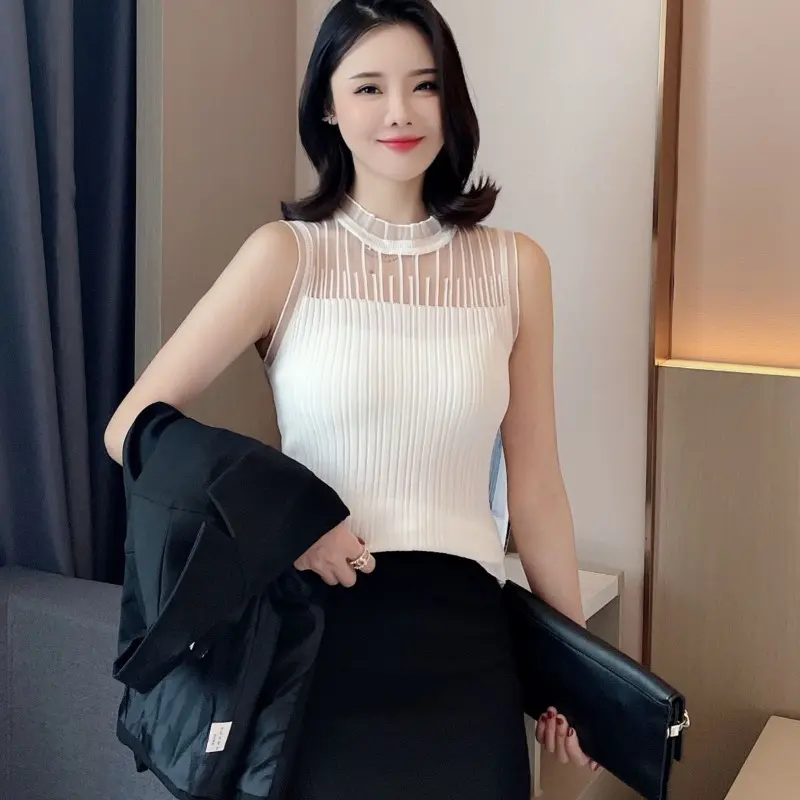 2024 Summer New Lace Temperament Sleeveless Knitted Suspender Sexy Solid Color Simple Niche Sweet Outfit Slim Fit Tank Top