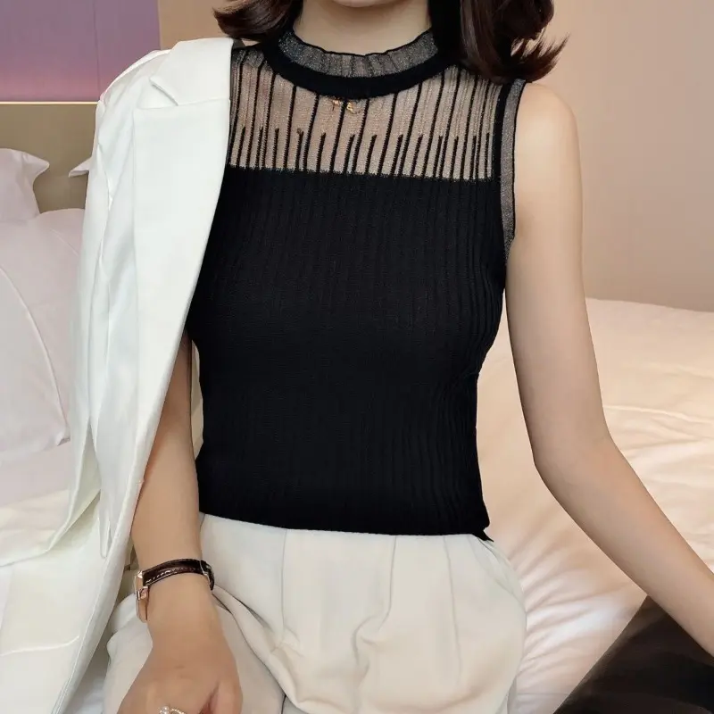 2024 Summer New Lace Temperament Sleeveless Knitted Suspender Sexy Solid Color Simple Niche Sweet Outfit Slim Fit Tank Top