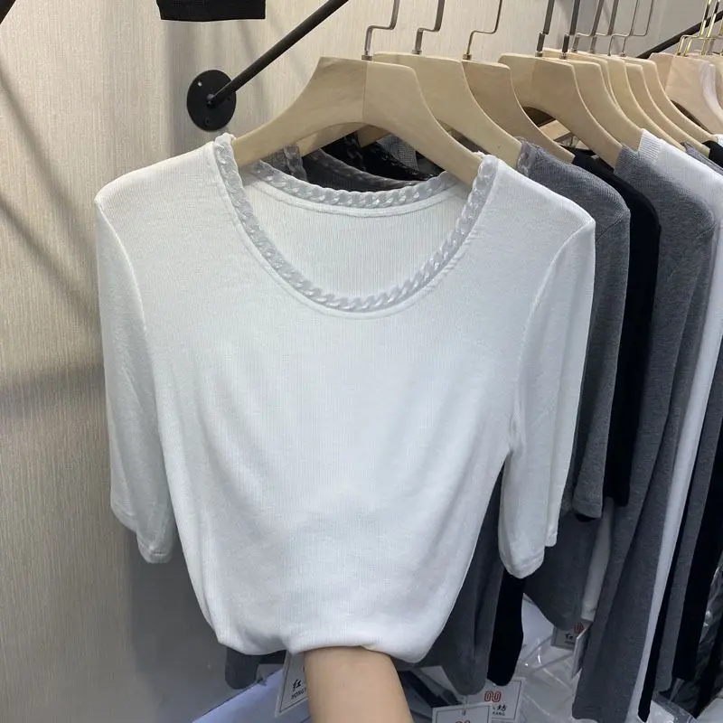 Round Necked Iron Chain Short Sleeved T-shirt Bottom Top Women's Clothing 2024 Summer New Versatile Outerwear Ins Top
