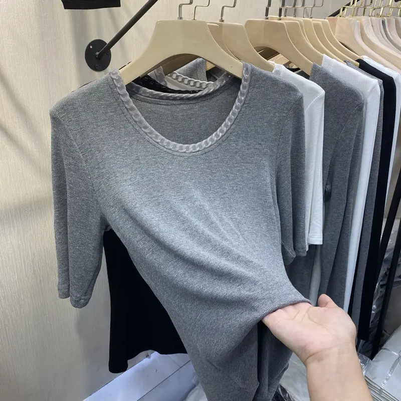 Round Necked Iron Chain Short Sleeved T-shirt Bottom Top Women's Clothing 2024 Summer New Versatile Outerwear Ins Top
