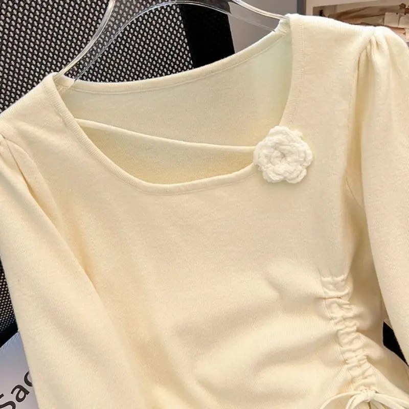Irregular 2025 Spring New Drawstring 3D Chic Knitted Pullover Slim-fit Shirred Pleats Ins Crew Neck Long-sleeved Top
