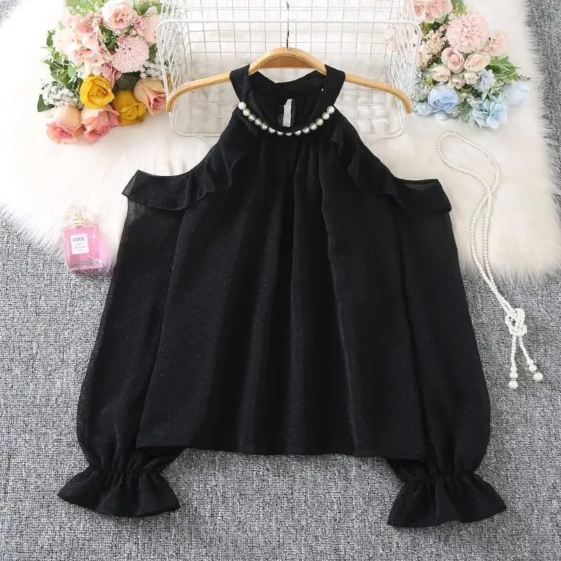 2025 Early Autumn New Temperament Gentle Chiffon Women's Long Sleeve Office Lady Hollow Out Show Shoulder Bead Shirt