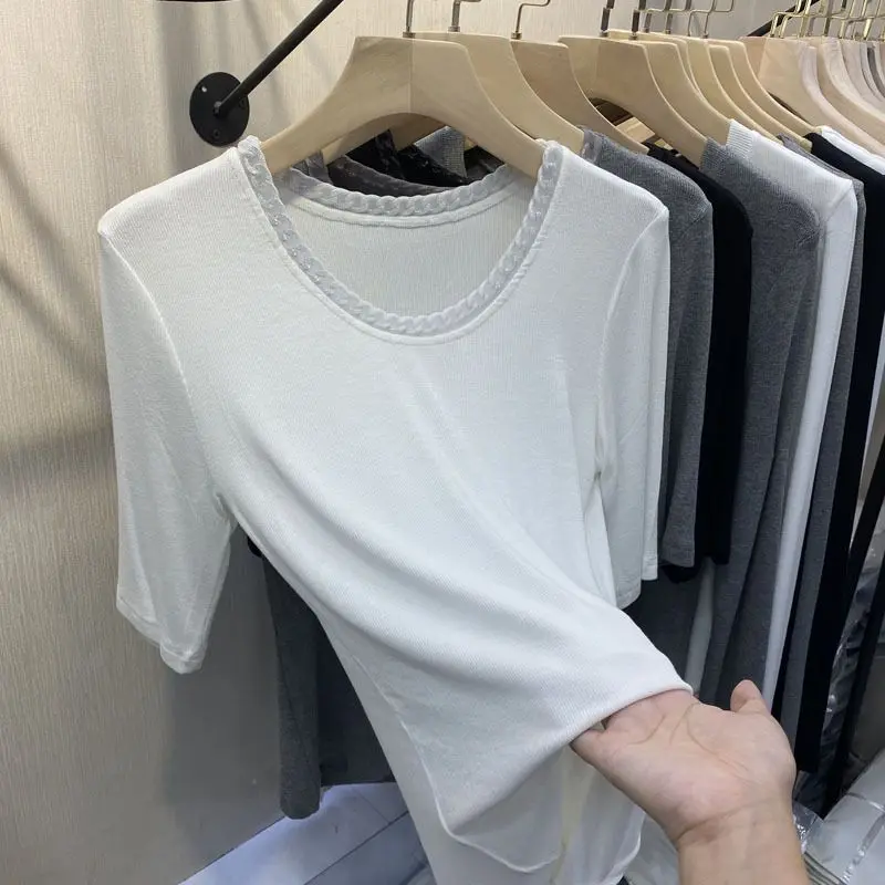 Round Necked Iron Chain Short Sleeved T-shirt Bottom Top Women's Clothing 2024 Summer New Versatile Outerwear Ins Top