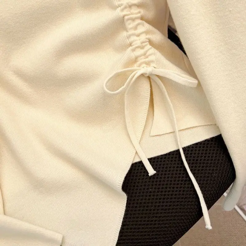 Irregular 2025 Spring New Drawstring 3D Chic Knitted Pullover Slim-fit Shirred Pleats Ins Crew Neck Long-sleeved Top