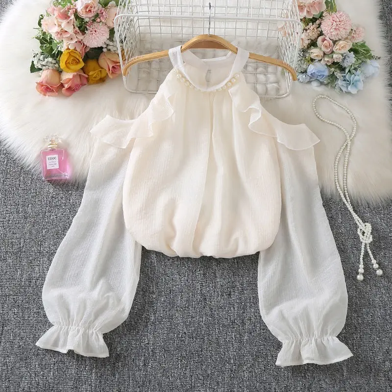 2025 Early Autumn New Temperament Gentle Chiffon Women's Long Sleeve Office Lady Hollow Out Show Shoulder Bead Shirt