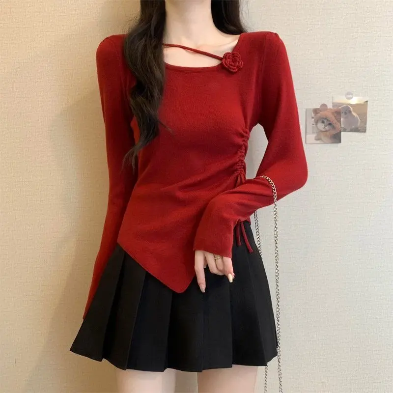 Irregular 2025 Spring New Drawstring 3D Chic Knitted Pullover Slim-fit Shirred Pleats Ins Crew Neck Long-sleeved Top