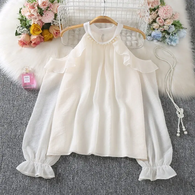 2025 Early Autumn New Temperament Gentle Chiffon Women's Long Sleeve Office Lady Hollow Out Show Shoulder Bead Shirt