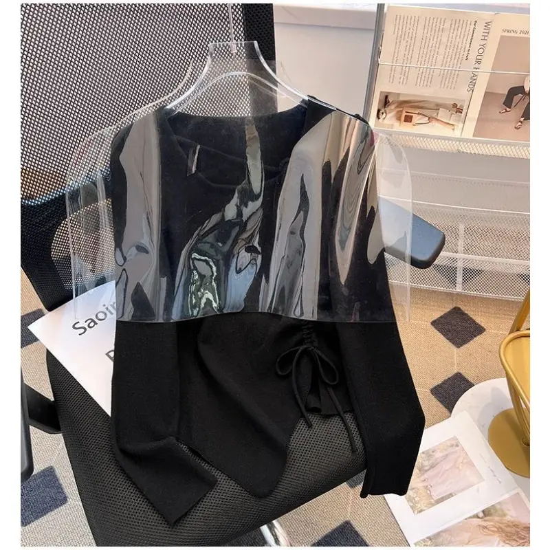 Irregular 2025 Spring New Drawstring 3D Chic Knitted Pullover Slim-fit Shirred Pleats Ins Crew Neck Long-sleeved Top