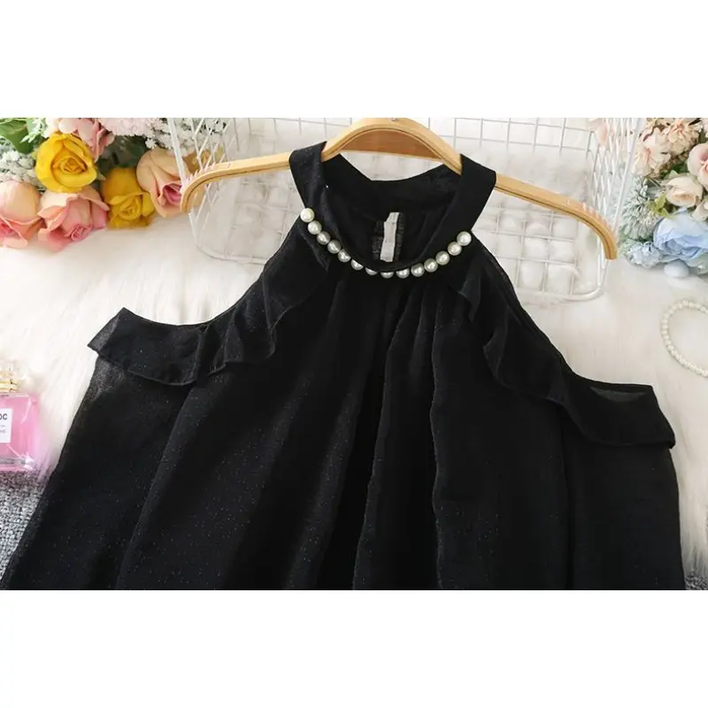 2025 Early Autumn New Temperament Gentle Chiffon Women's Long Sleeve Office Lady Hollow Out Show Shoulder Bead Shirt