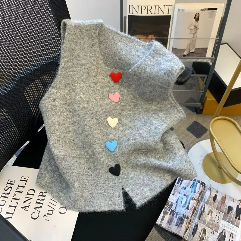 Pink Peach Heart Buckle Knitted Korean Style Versatile Women's Spring 2025 New Stacked Sweater Vest Sleeveless Top