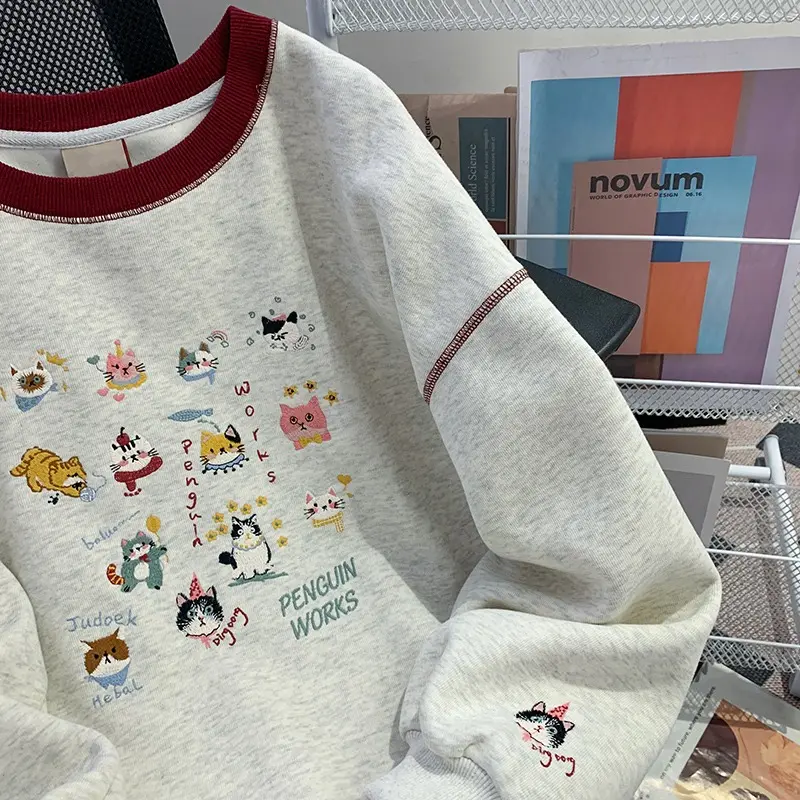 Loose Round Neck Long Sleeve Thin 2025 Early Spring New Cute Cartoon Embroidered Casual Versatile Chic Top Sweatshirts