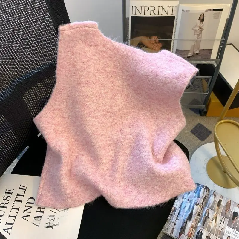 Pink Peach Heart Buckle Knitted Korean Style Versatile Women's Spring 2025 New Stacked Sweater Vest Sleeveless Top