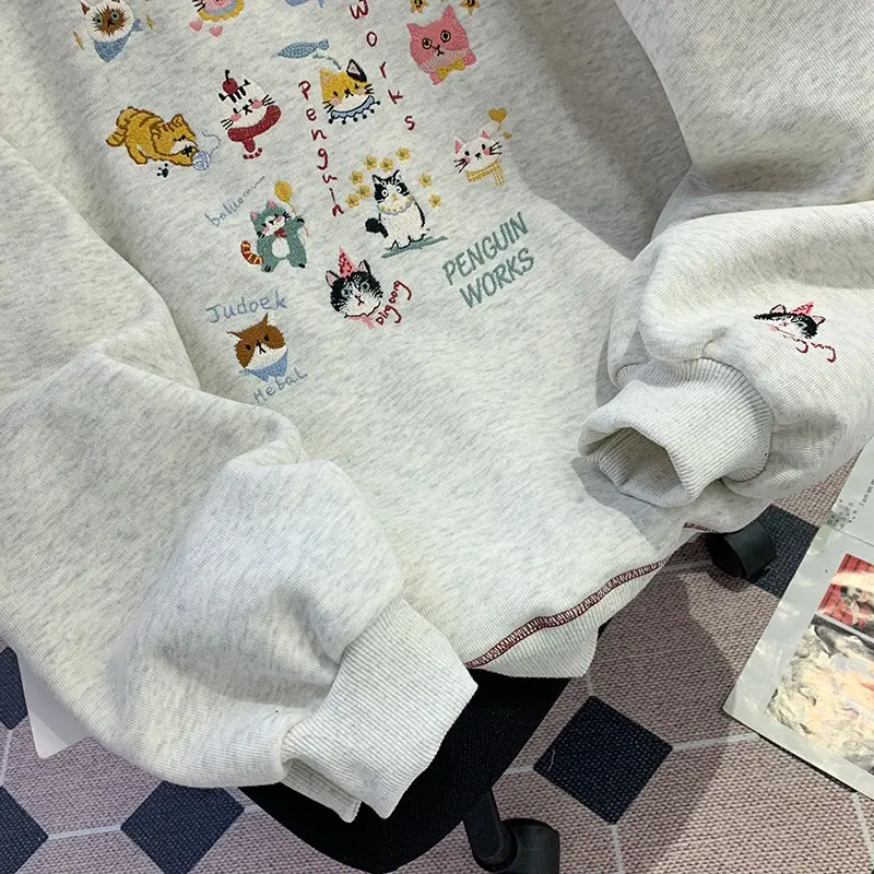Loose Round Neck Long Sleeve Thin 2025 Early Spring New Cute Cartoon Embroidered Casual Versatile Chic Top Sweatshirts