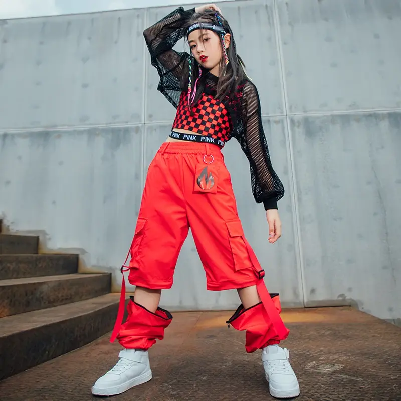 Kids Hip Hop Street Dance Costume Red Lattice Vest Loose Cargo Pants Net Tops For Girls Clothes Jazz Show Stage Outfit 2024