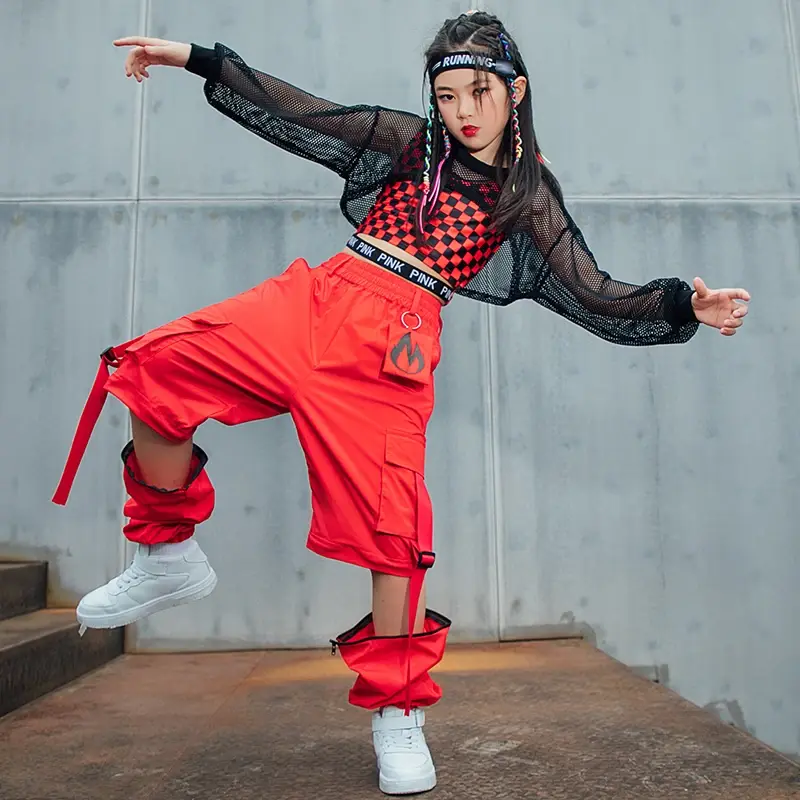 Kids Hip Hop Street Dance Costume Red Lattice Vest Loose Cargo Pants Net Tops For Girls Clothes Jazz Show Stage Outfit 2024