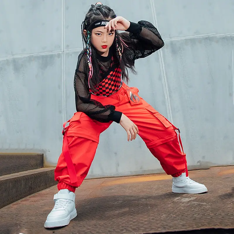 Kids Hip Hop Street Dance Costume Red Lattice Vest Loose Cargo Pants Net Tops For Girls Clothes Jazz Show Stage Outfit 2024