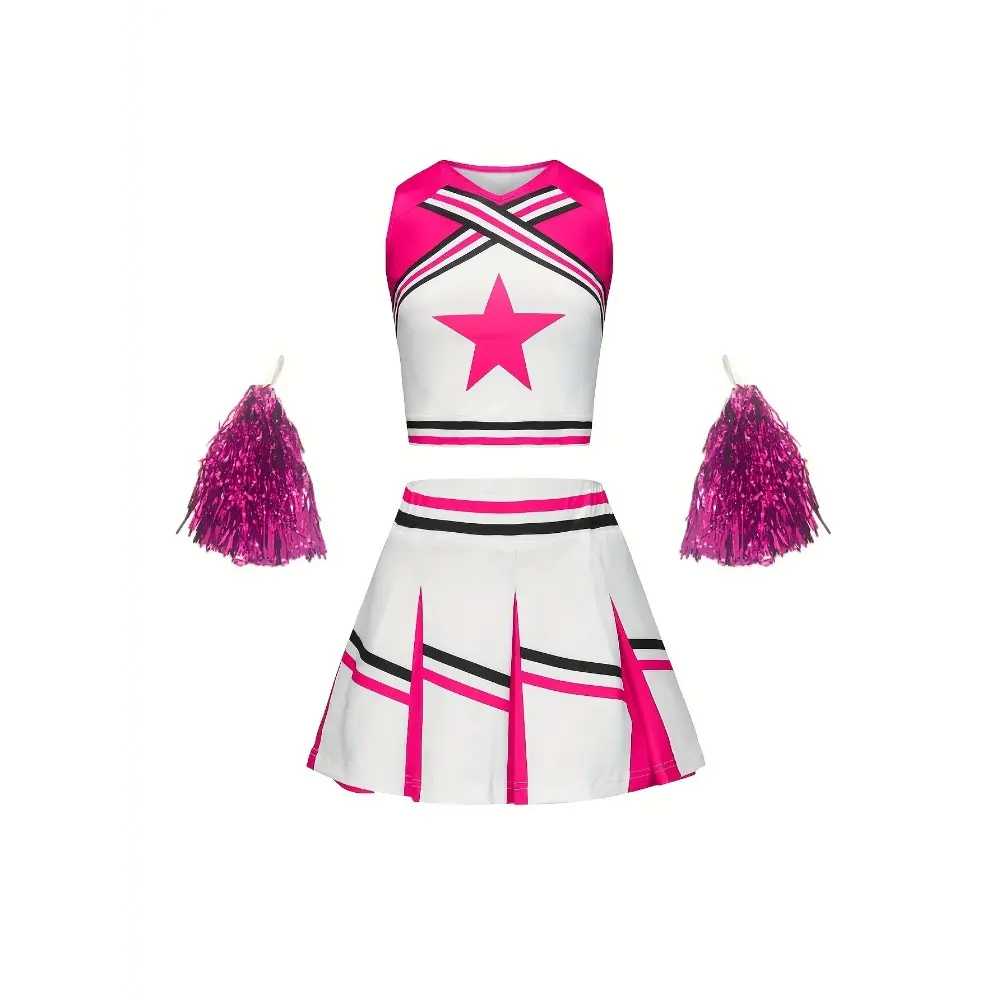 Cheerleader Skirt Suit Girls Kids Star Sports Cute Homecoming Season Performance Costume Multicolor Available Free Pom Poms