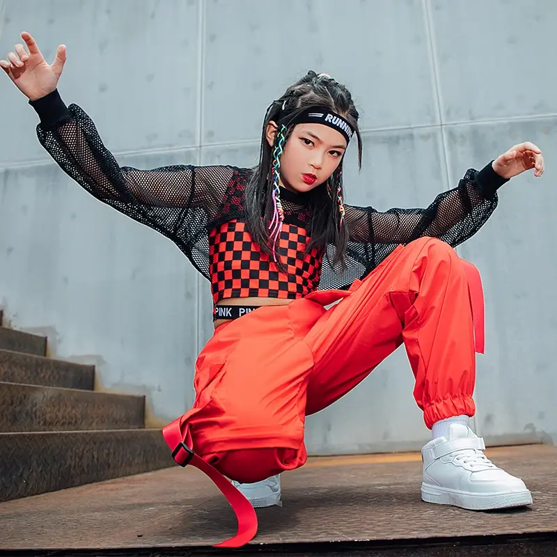 Kids Hip Hop Street Dance Costume Red Lattice Vest Loose Cargo Pants Net Tops For Girls Clothes Jazz Show Stage Outfit 2024