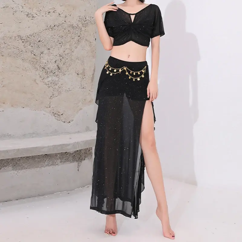 2 piece set Adult Shiny Belly Dance Costume Set Tops with Skirt Women Oriental Bellydance Stage Performance Bellydancing Wear
