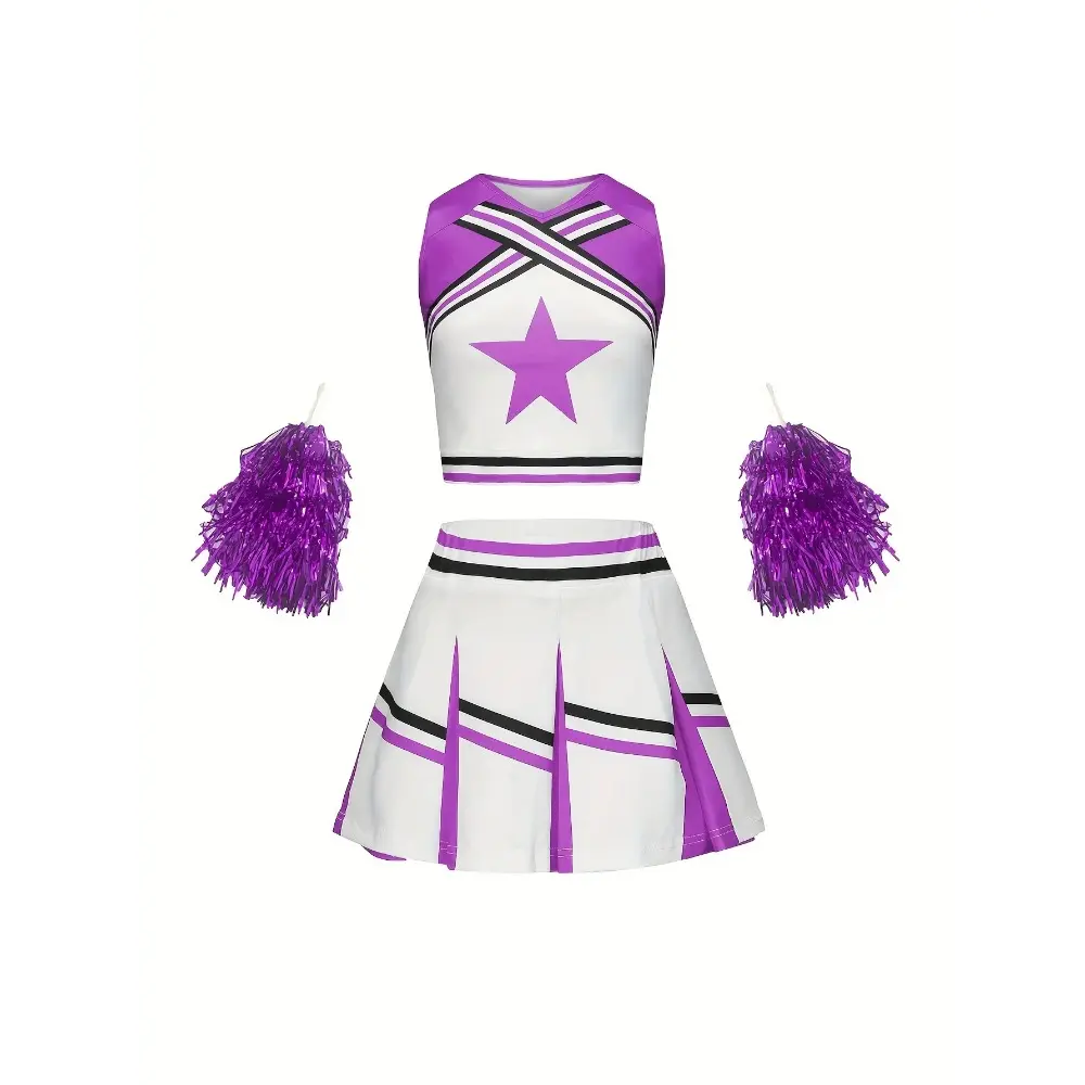 Cheerleader Skirt Suit Girls Kids Star Sports Cute Homecoming Season Performance Costume Multicolor Available Free Pom Poms