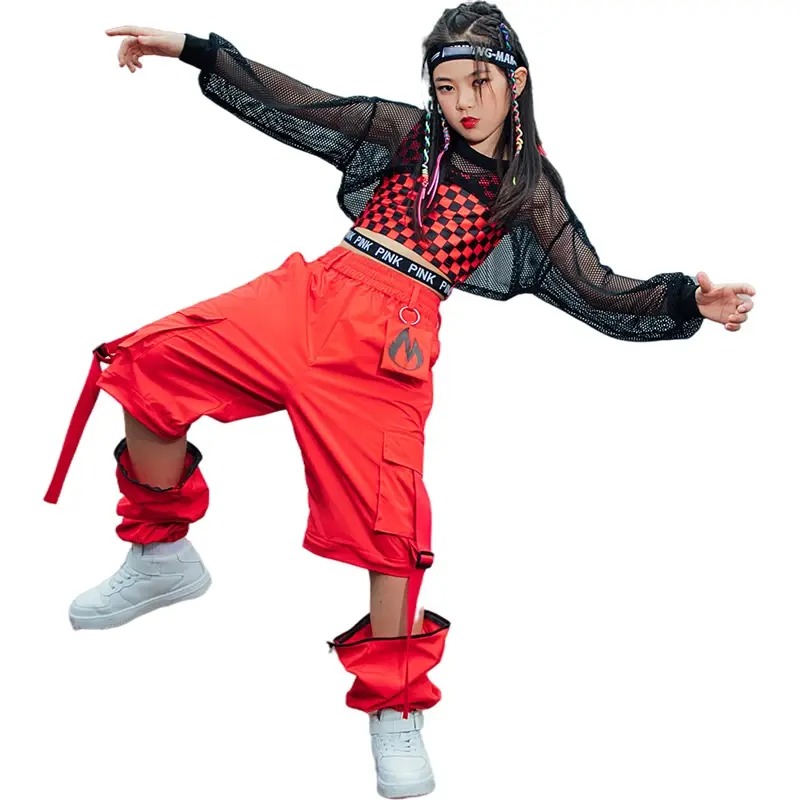 Kids Hip Hop Street Dance Costume Red Lattice Vest Loose Cargo Pants Net Tops For Girls Clothes Jazz Show Stage Outfit 2024