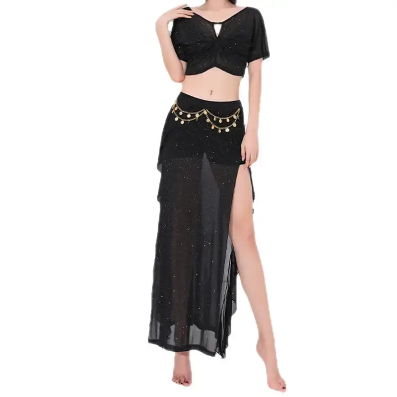 2 piece set Adult Shiny Belly Dance Costume Set Tops with Skirt Women Oriental Bellydance Stage Performance Bellydancing Wear