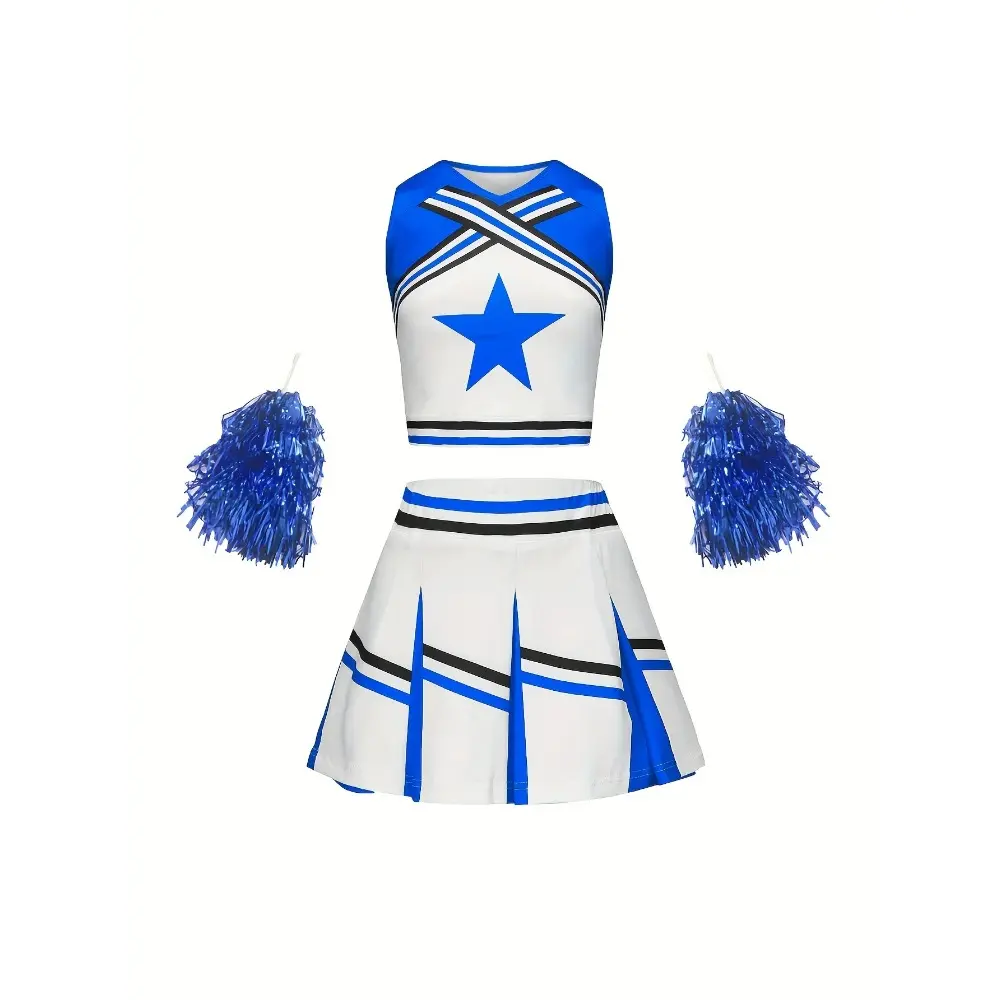 Cheerleader Skirt Suit Girls Kids Star Sports Cute Homecoming Season Performance Costume Multicolor Available Free Pom Poms