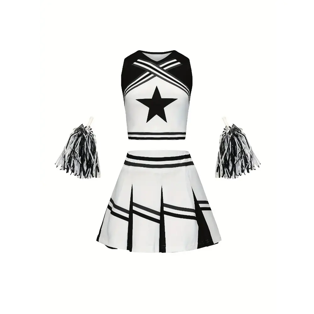 Cheerleader Skirt Suit Girls Kids Star Sports Cute Homecoming Season Performance Costume Multicolor Available Free Pom Poms