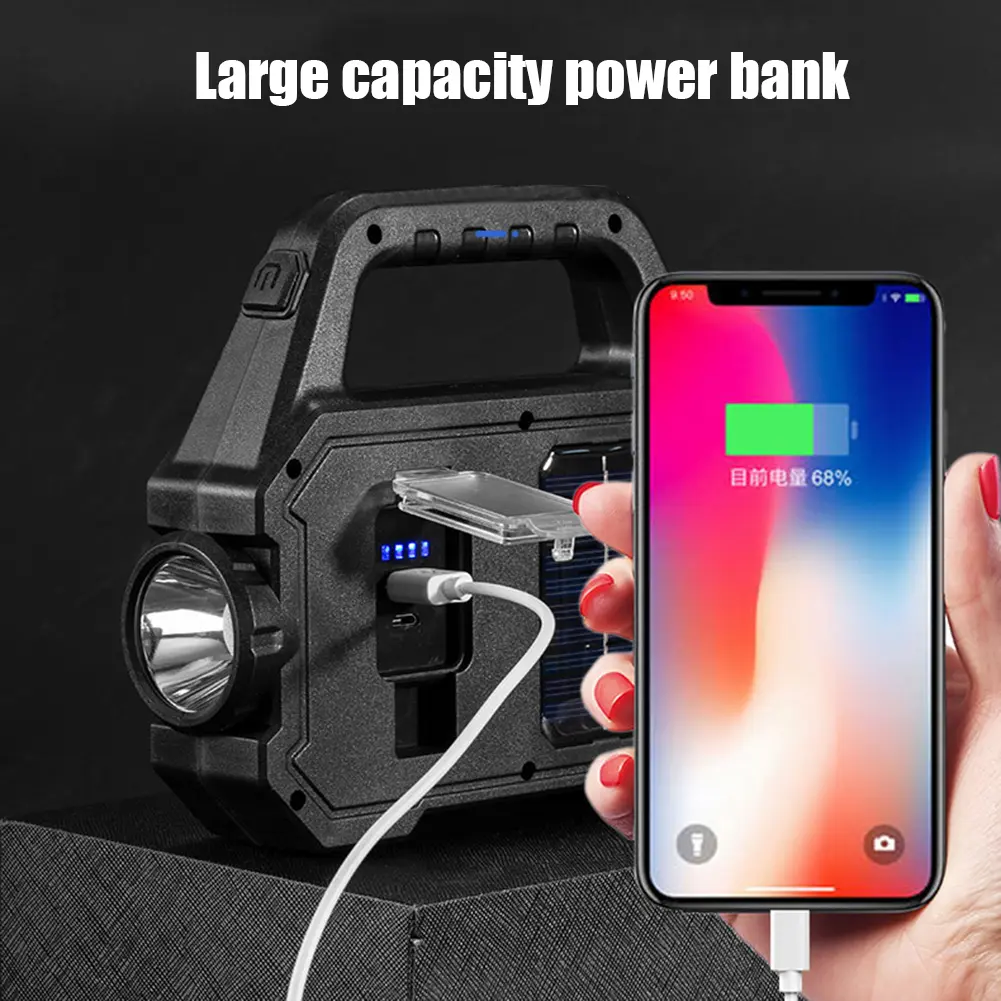 LED Portable Lamp USB Charging Solar Work Spotlight Lamp Multifunctional Power Display With Side Light for Mountaineering Hiking
