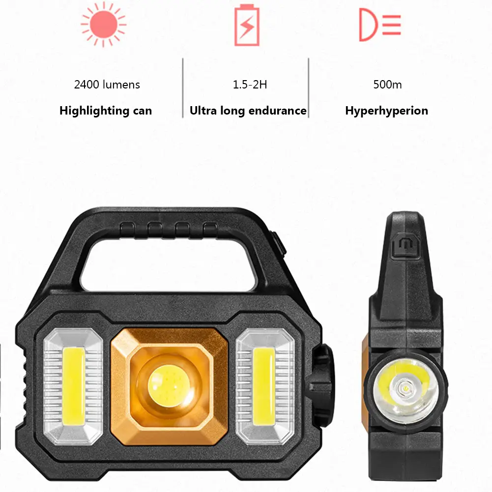 LED Portable Lamp USB Charging Solar Work Spotlight Lamp Multifunctional Power Display With Side Light for Mountaineering Hiking