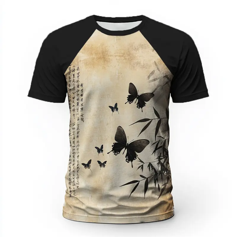 Ink Style Butterfly And Bamboo Pattern T-shirt Summer Fashion Artistic Style 3D Printed T Shirts Casual Streetwear Oversized Tee