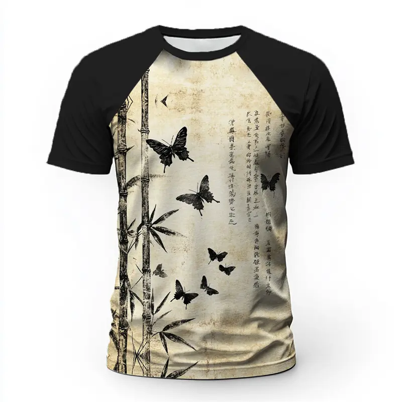 Ink Style Butterfly And Bamboo Pattern T-shirt Summer Fashion Artistic Style 3D Printed T Shirts Casual Streetwear Oversized Tee